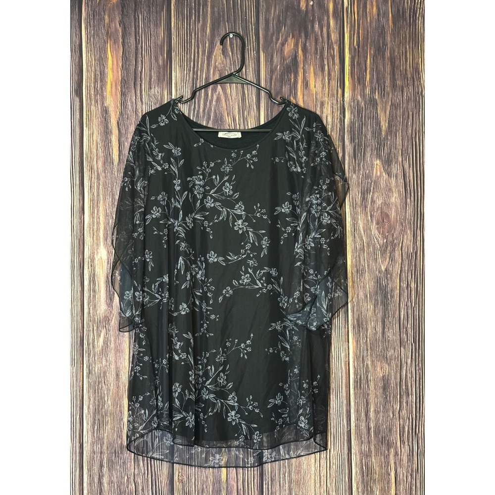 Sese Code Tunic Top Womens 3XL Black Floral Sheer Flutter Sleeve Mesh